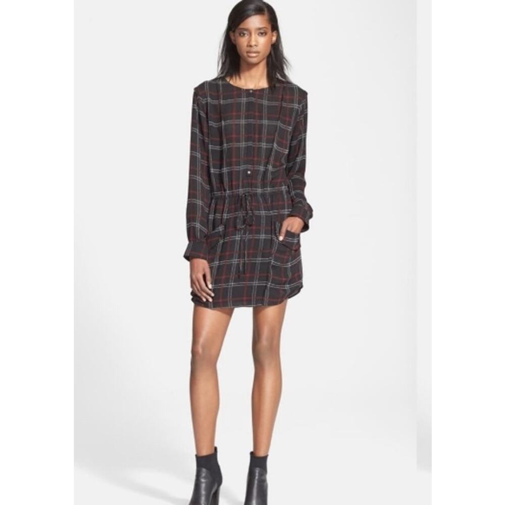 ALC Simona Black Red Plaid 100% Silk Chiffon Pocket Henley Tunic Dress Size 8